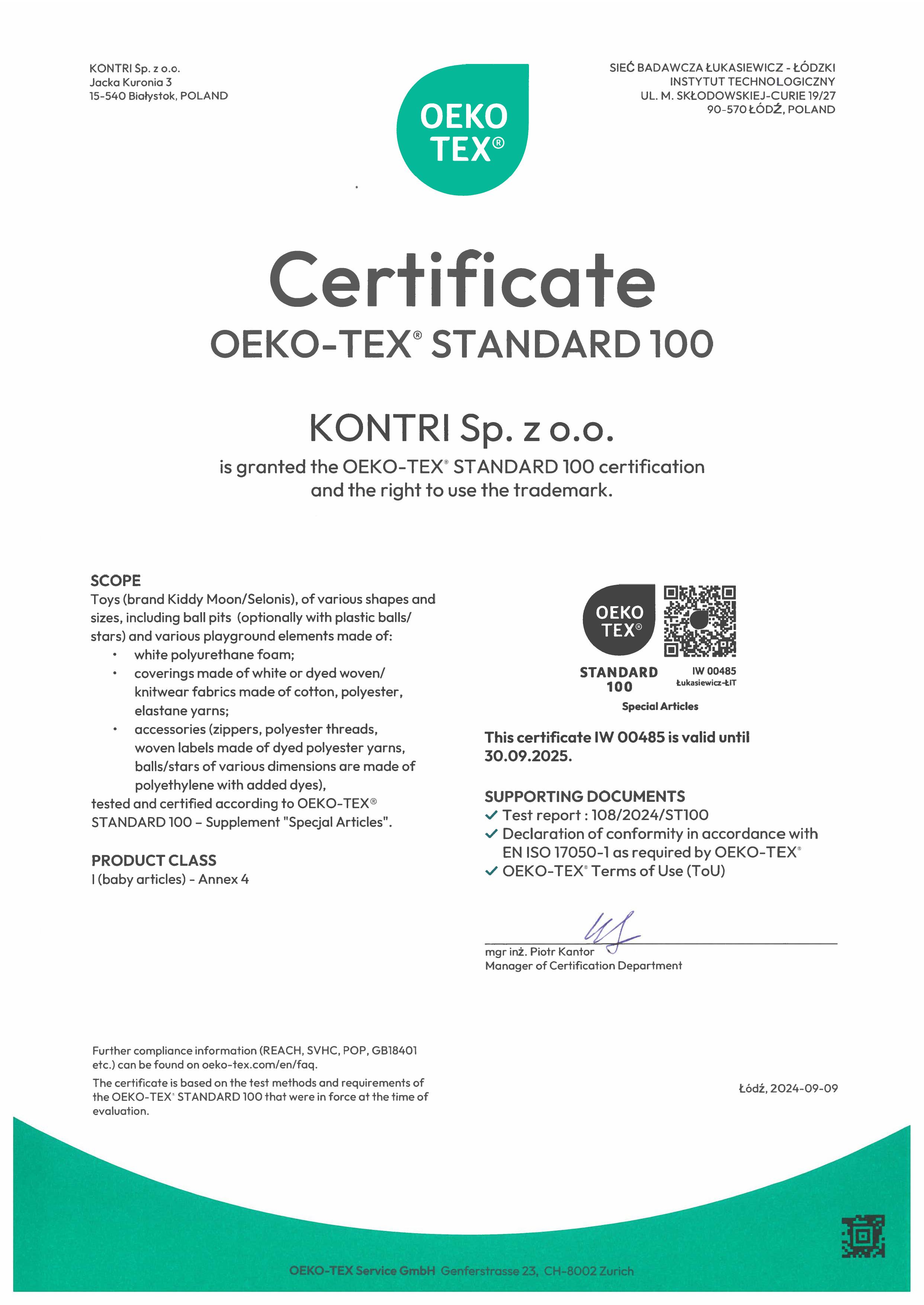 KiddyMoon Oeko-tex certificate