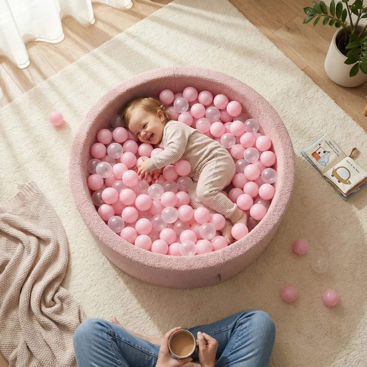 Bébé dans une piscine à balles Teddy remplie de balles crème et pastel