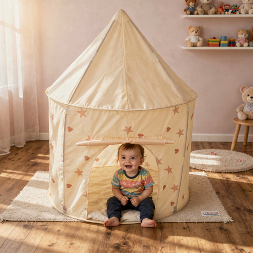 Tente de Jeu Pour Enfants Château Maison de Jeu En Forme De Pavillon De Jeu Avec Balles Pliable Tente Pop-Up Enfant Motifs D'Étoiles Et De Cœurs, beige clair, SANSballes