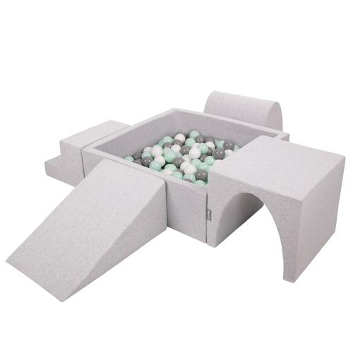 KiddyMoon Aire De Jeux en Mousse avec Carré Piscine À Balles pour Enfants, gris clair: blanc/gris/menthe, Piscine (200 Balles) + Version 3