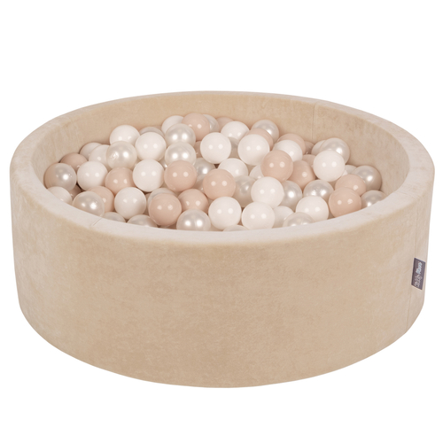 KiddyMoon Velours Piscine à Balles ∅7Cm pour Bébé Rond Fabriqué en EU, beige sableux: beige pastel/blanc/perle, 90x30cm/200 balles