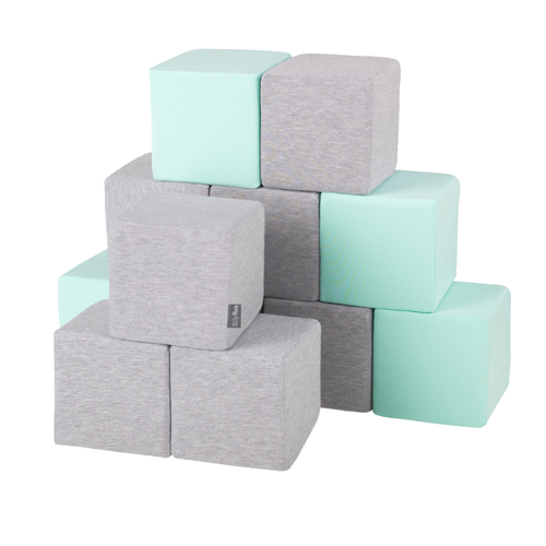 KiddyMoon Blocs Souples Jouets pour Bébé Mousse Squeeze Jouer Jouet Éducatif, cubes: gris clair/menthe, 12 Pieces