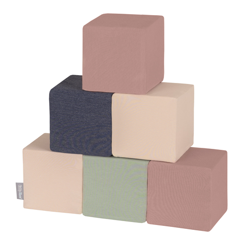 KiddyMoon blocs mous pour bébé cubes de construction en mousse, cubes: bruyère/bleu foncé/beige/sage, 6 Pieces
