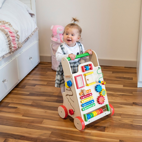 Trotteur Bébé En Bois Multifonction - Thème Chariot à Glaces, Hauteur Réglable 40-50 Cm, Avec Jeux De Motricité Et Frein De Sécurité