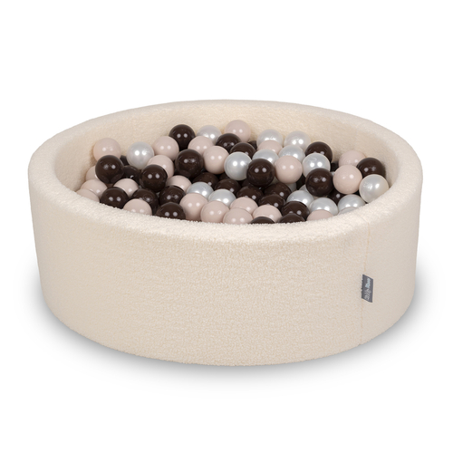 KiddyMoon Piscine à Balles Boules 7 cm pour un Remplissage plus Généreux Pour Bébés au Housse Teddy, Convient dès 8 Mois, Crème: Beige Pastel/Marron/Perle, 90x30cm/300 Balles