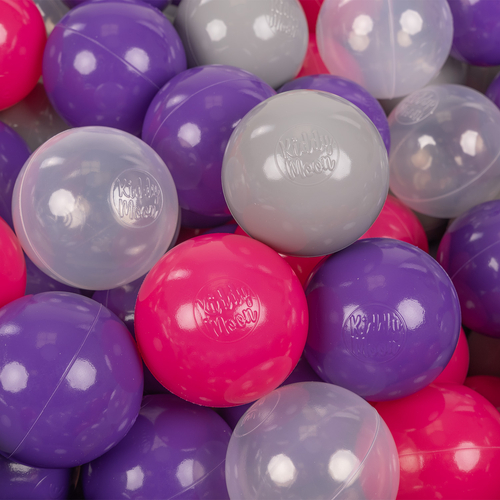 KiddyMoon Balles Colorées Plastique ∅7cm pour Piscine Enfant Bébé Fabriqué en EU, rose foncé/violet/transparent/gris, 100 Balles/7cm