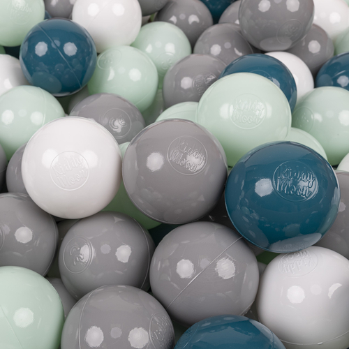 KiddyMoon Balles Colorées Plastique ∅7cm pour Piscine Enfant Bébé Fabriqué en EU, turquoise foncé/gris/blanc/menthe, 50 Balles/7cm