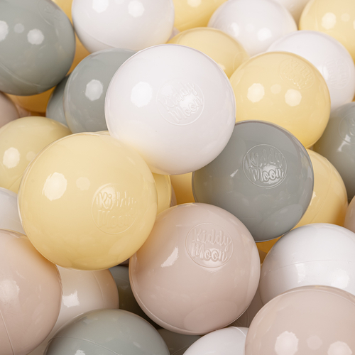 KiddyMoon Balles Colorées Plastique ∅7cm pour Piscine Enfant Bébé Fabriqué en EU, beige pastel/vert de gris/jaune pastel/blanc