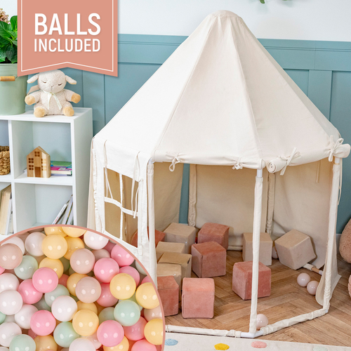 KiddyMoon Tente de Jeu Maison Pour Enfants En Forme De Pavillon De Jeu Pliable Tente Pop-Up Espace De Jeu Spacieux Et Confortable En Intérieur Et Extérieur, naturel: beige pastel/jaune pastel/blanc/menthe/rose poudré, 300 Balles