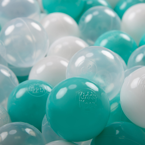 KiddyMoon Balles Colorées Plastique ∅7cm pour Piscine Enfant Bébé Fabriqué en EU, turquoise clair/blanc/transparent