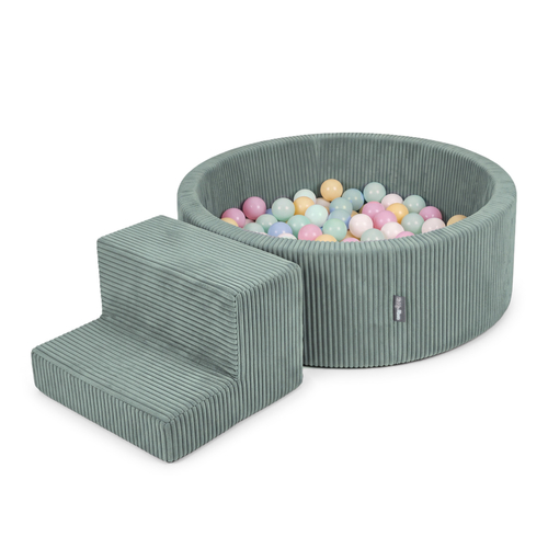 KiddyMoon aire de jeux en mousse avec piscine à balles et marche, Vert : bleu pastel/jaune pastel/blanc/menthe/rose poudré, Piscine (100 Balles) + Marches