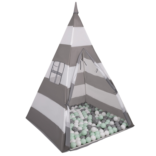 Tipi Tente de Jeu avec Balles Maison de Jeu pour Enfants, grises et blanches rayures: blanc/gris/menthe, 900 Balles