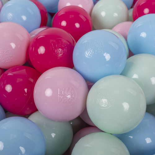 KiddyMoon Balles Colorées Plastique ∅7cm pour Piscine Enfant Bébé Fabriqué en EU, rose poudré/rose foncé/babyblue/menthe