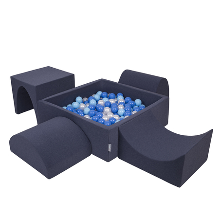 KiddyMoon Aire De Jeux en Mousse avec Carré Piscine À Balles pour Enfants, Bleu Foncé: Babyblue/ Bleu/ Perle