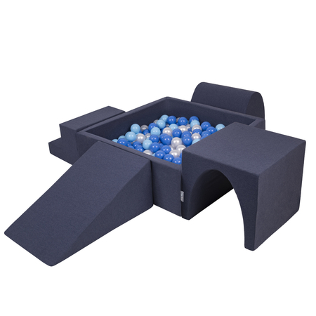 KiddyMoon Aire De Jeux en Mousse avec Carré Piscine À Balles pour Enfants, Bleu Foncé: Babyblue/ Bleu/ Perle