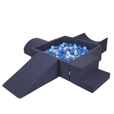 KiddyMoon Aire De Jeux en Mousse avec Carré Piscine À Balles pour Enfants, Bleu Foncé: Babyblue/ Bleu/ Perle