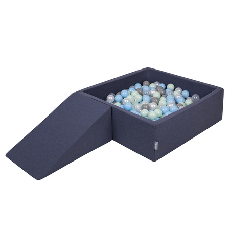 KiddyMoon Aire De Jeux en Mousse avec Carré Piscine À Balles pour Enfants, Bleu Foncé: Perle/ Gris/ Transparent/ Babyblue/ Menthe