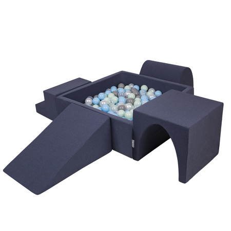 KiddyMoon Aire De Jeux en Mousse avec Carré Piscine À Balles pour Enfants, Bleu Foncé: Perle/ Gris/ Transparent/ Babyblue/ Menthe