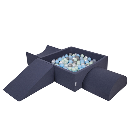 KiddyMoon Aire De Jeux en Mousse avec Carré Piscine À Balles pour Enfants, Bleu Foncé: Perle/ Gris/ Transparent/ Babyblue/ Menthe