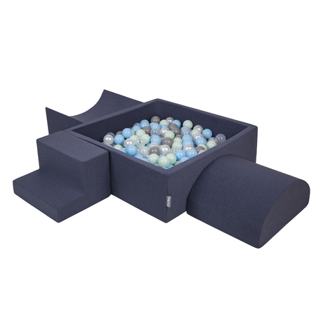 KiddyMoon Aire De Jeux en Mousse avec Carré Piscine À Balles pour Enfants, Bleu Foncé: Perle/ Gris/ Transparent/ Babyblue/ Menthe