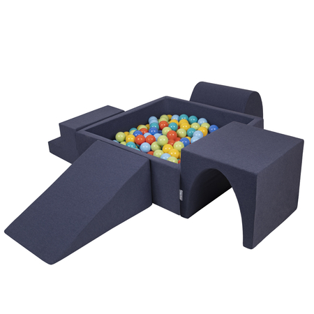 KiddyMoon Aire De Jeux en Mousse avec Carré Piscine À Balles pour Enfants, Bleu Foncé: Vertclr/ Orange/ Turq/ Bleu/ Babybl/ Jaune