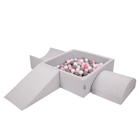 KiddyMoon Aire De Jeux en Mousse avec Carré Piscine À Balles pour Enfants, Gris Clair:  Blanc/ Gris/ Rose Poudré