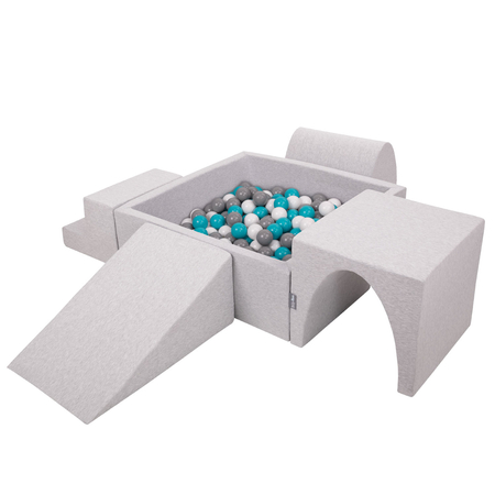 KiddyMoon Aire De Jeux en Mousse avec Carré Piscine À Balles pour Enfants, Gris Clair:  Gris/ Blanc/ Turquoise