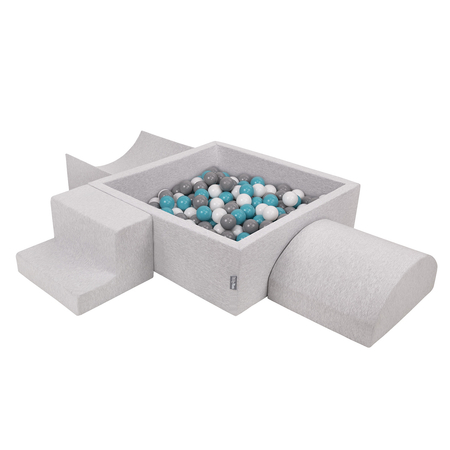 KiddyMoon Aire De Jeux en Mousse avec Carré Piscine À Balles pour Enfants, Gris Clair:  Gris/ Blanc/ Turquoise