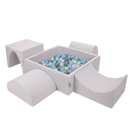 KiddyMoon Aire De Jeux en Mousse avec Carré Piscine À Balles pour Enfants, Gris Clair:  Perle/ Gris/ Transparent/ Babyblue/ Menthe