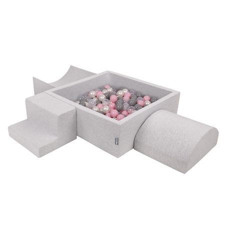 KiddyMoon Aire De Jeux en Mousse avec Carré Piscine À Balles pour Enfants, Gris Clair:  Perle/ Gris/ Transparent/ Rose Poudré