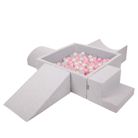 KiddyMoon Aire De Jeux en Mousse avec Carré Piscine À Balles pour Enfants, Gris Clair:  Rose Poudré/ Perle/ Transparent