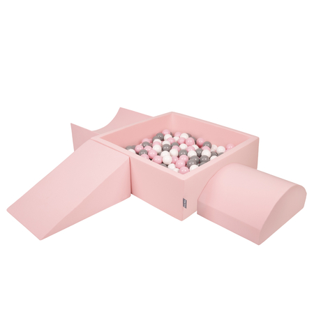 KiddyMoon Aire De Jeux en Mousse avec Carré Piscine À Balles pour Enfants, Rose: Blanc/ Gris/ Rose Poudré