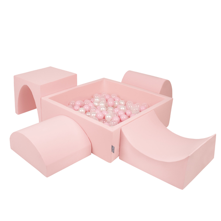 KiddyMoon Aire De Jeux en Mousse avec Carré Piscine À Balles pour Enfants, Rose: Rose Poudre/ Perle/ Transparent