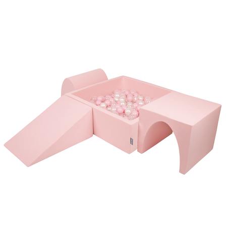 KiddyMoon Aire De Jeux en Mousse avec Carré Piscine À Balles pour Enfants, Rose: Rose Poudre/ Perle/ Transparent