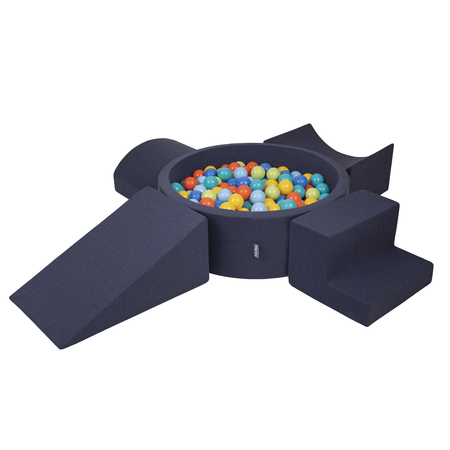 KiddyMoon Aire De Jeux en Mousse avec Rond Piscine à Balles pour Enfants, Bleu Foncé: Vertclr/ Orange/ Turq/ Bleu/ Babybl/ Jaune