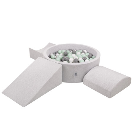 KiddyMoon Aire De Jeux en Mousse avec Rond Piscine à Balles pour Enfants, Gris Clair:  Blanc/ Gris/ Menthe