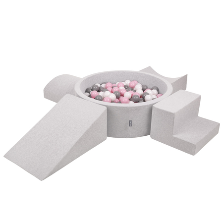 KiddyMoon Aire De Jeux en Mousse avec Rond Piscine à Balles pour Enfants, Gris Clair:  Blanc/ Gris/ Rose Poudré