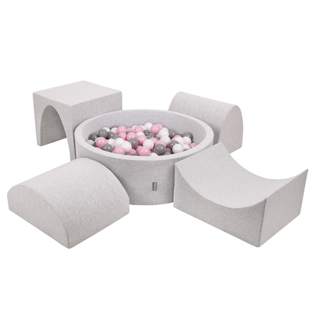 KiddyMoon Aire De Jeux en Mousse avec Rond Piscine à Balles pour Enfants, Gris Clair:  Blanc/ Gris/ Rose Poudré