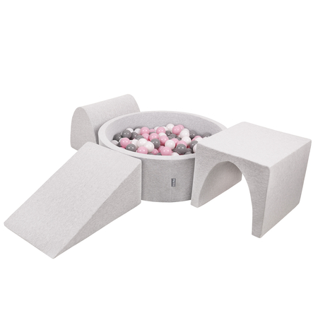 KiddyMoon Aire De Jeux en Mousse avec Rond Piscine à Balles pour Enfants, Gris Clair:  Blanc/ Gris/ Rose Poudré