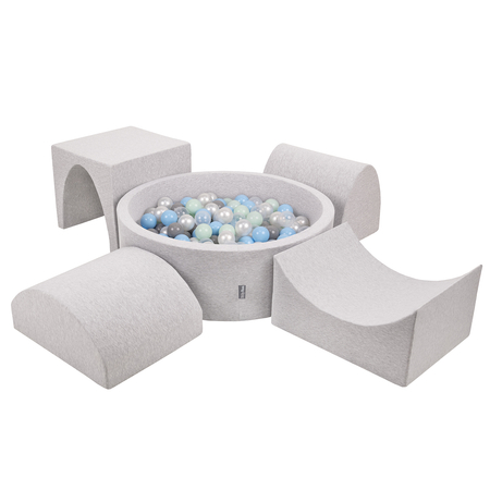 KiddyMoon Aire De Jeux en Mousse avec Rond Piscine à Balles pour Enfants, Gris Clair:  Perle/ Gris/ Transparent/ Babyblue/ Menthe