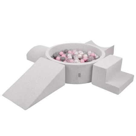 KiddyMoon Aire De Jeux en Mousse avec Rond Piscine à Balles pour Enfants, Gris Clair:  Perle/ Gris/ Transparent/ Rose Poudré