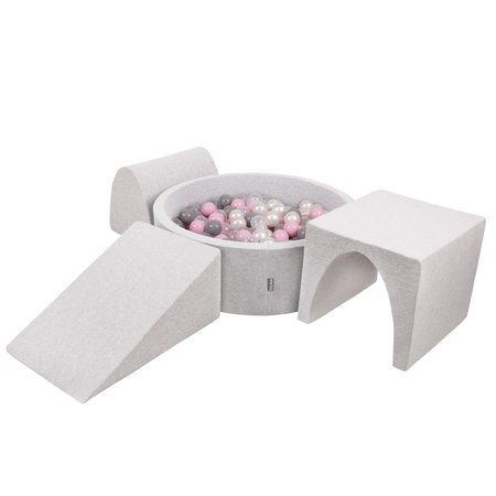 KiddyMoon Aire De Jeux en Mousse avec Rond Piscine à Balles pour Enfants, Gris Clair:  Perle/ Gris/ Transparent/ Rose Poudré