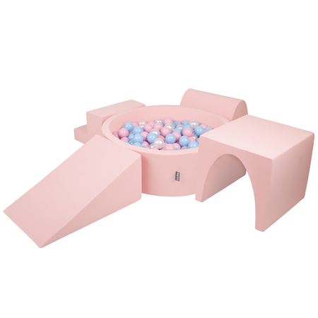 KiddyMoon Aire De Jeux en Mousse avec Rond Piscine à Balles pour Enfants, Rose: Babyblue/ Rose Poudre/ Perle