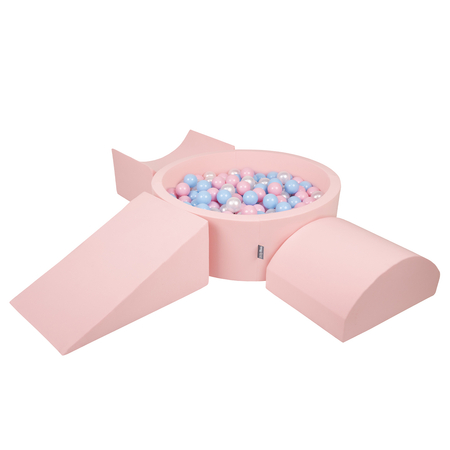 KiddyMoon Aire De Jeux en Mousse avec Rond Piscine à Balles pour Enfants, Rose: Babyblue/ Rose Poudre/ Perle