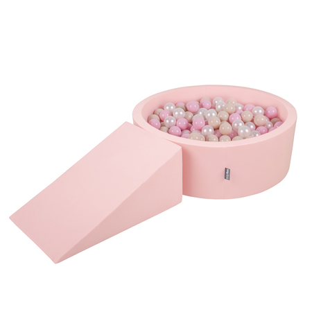 KiddyMoon Aire De Jeux en Mousse avec Rond Piscine à Balles pour Enfants, Rose:  Beige Pastel/ Rose Poudré/ Perle