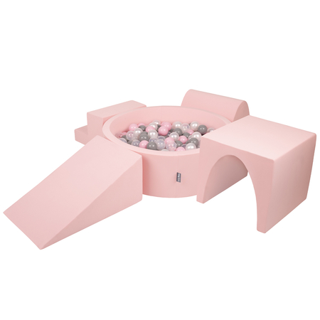 KiddyMoon Aire De Jeux en Mousse avec Rond Piscine à Balles pour Enfants, Rose: Perle/ Gris/ Transparent/ Rose Poudré