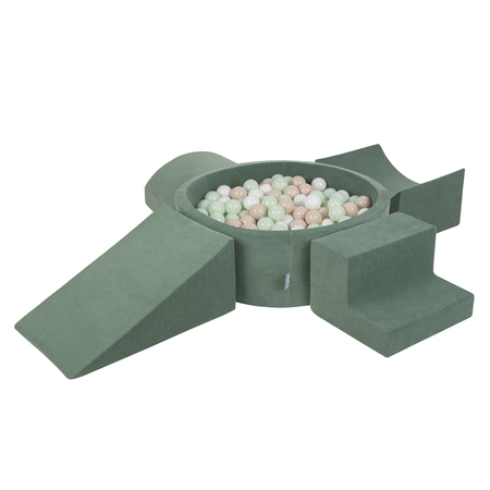 KiddyMoon Aire Velvet De Jeux en Mousse avec Rond Piscine à Balles pour Enfants, Vert Forêt:  Beige Pastel/ Blanc/ Menthe