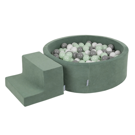 KiddyMoon Aire Velvet De Jeux en Mousse avec Rond Piscine à Balles pour Enfants, Vert Forêt:  Blanc/ Gris/ Menthe