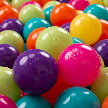 KiddyMoon Balles Colorées Plastique 7cm pour Piscine Enfant Bébé Fabriqué en EU, Vert Clair/ Jaune/ Turquoise/ Orange/ Ros Foncé/ Violet
