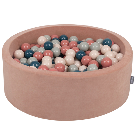 KiddyMoon Velours Piscine à Balles 7Cm pour Bébé Rond Fabriqué en EU, Rose Des Sables:  Turquoise Foncé/ Beige Pastel/ Vert De Gris/ Saumon